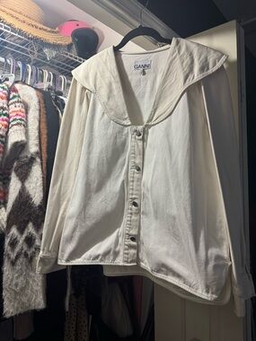 Ganni Cream Button-Up Top with Branded Metal Button